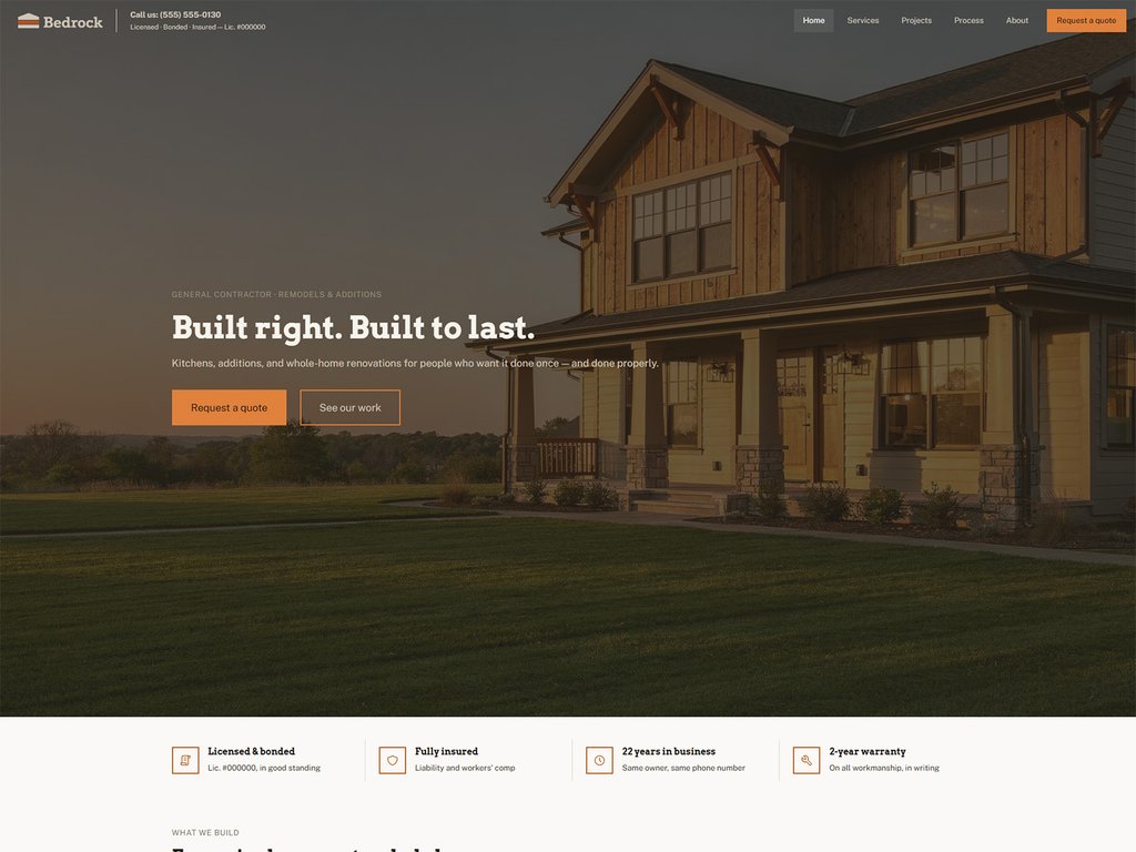 Homepage of the Bedrock website template for home renovation and remodeling