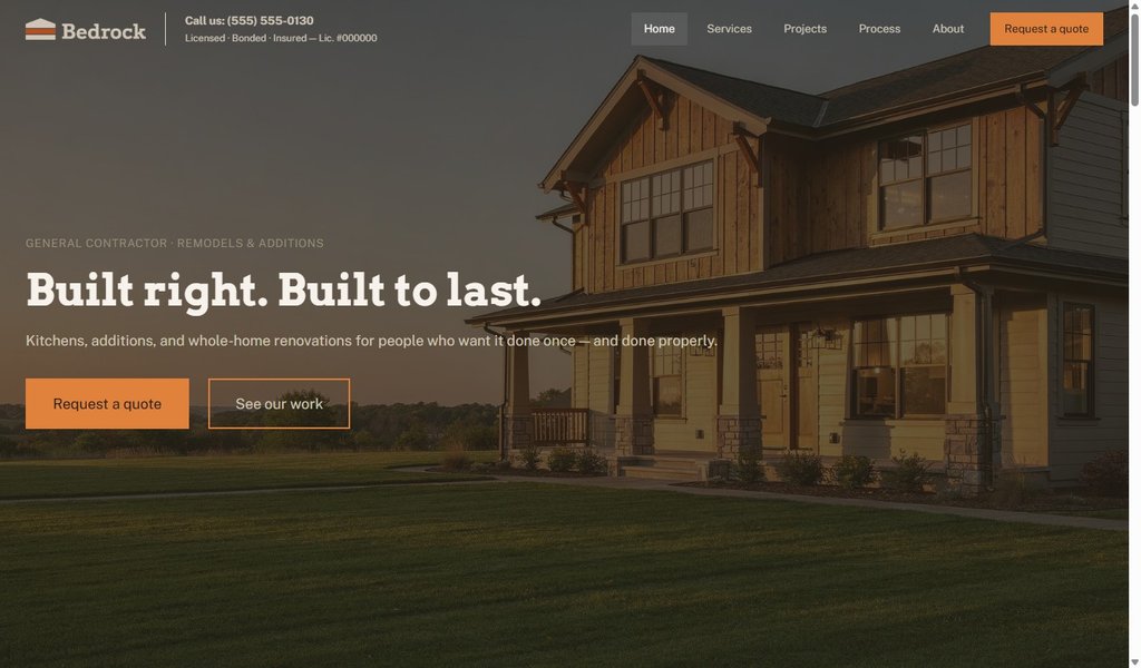 Homepage of the new Bedrock template for home renovation contractors, with the headline 'Built right. Built to last.'