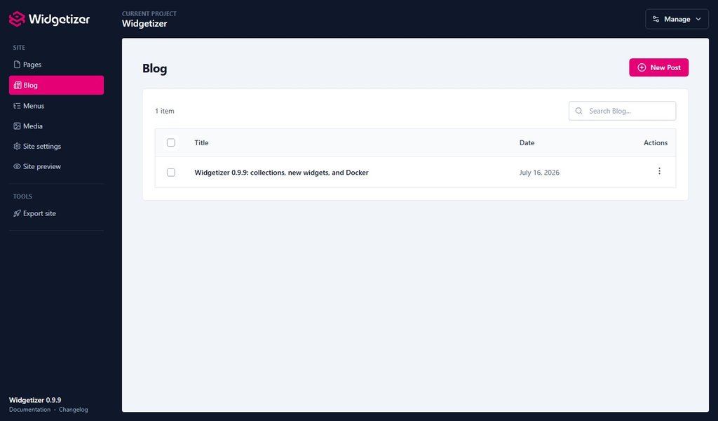 The new Blog section in the Widgetizer sidebar, listing the site's blog posts as a collection