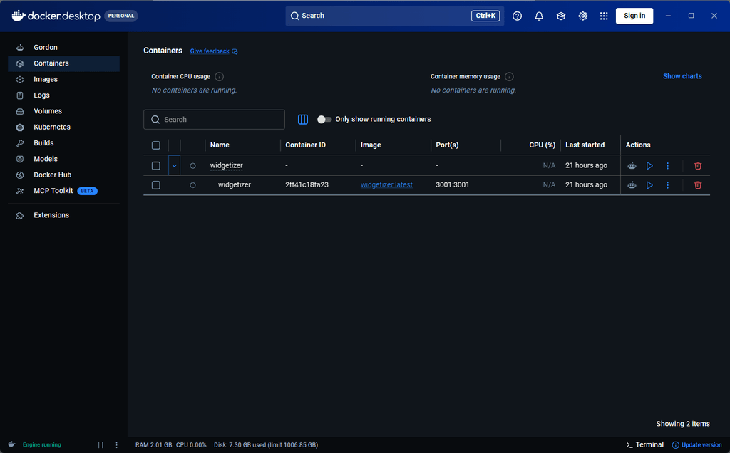 Docker Desktop with a running widgetizer container mapped to port 3001